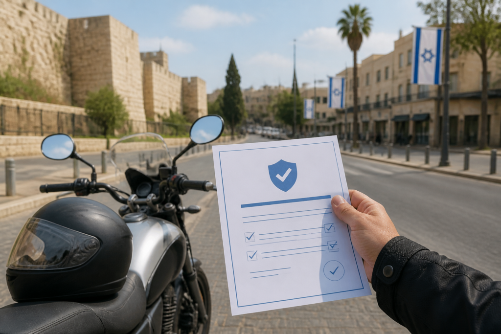 רוכב מחזיק פוליסת ביטוח חובה ליד האופנוע שלו