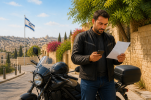 רוכב אופנוע בודק מסמכי ביטוח ליד האופנוע שלו