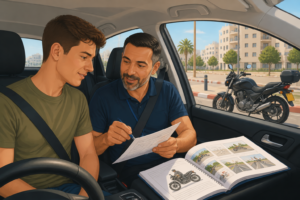 לומד נהיגה עם מדריך לפני מבחן רישיון אופנוע